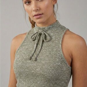 Gymshark Slounge High Neck Crop Tank Top XS Beige Green Marl Knit Ribbed